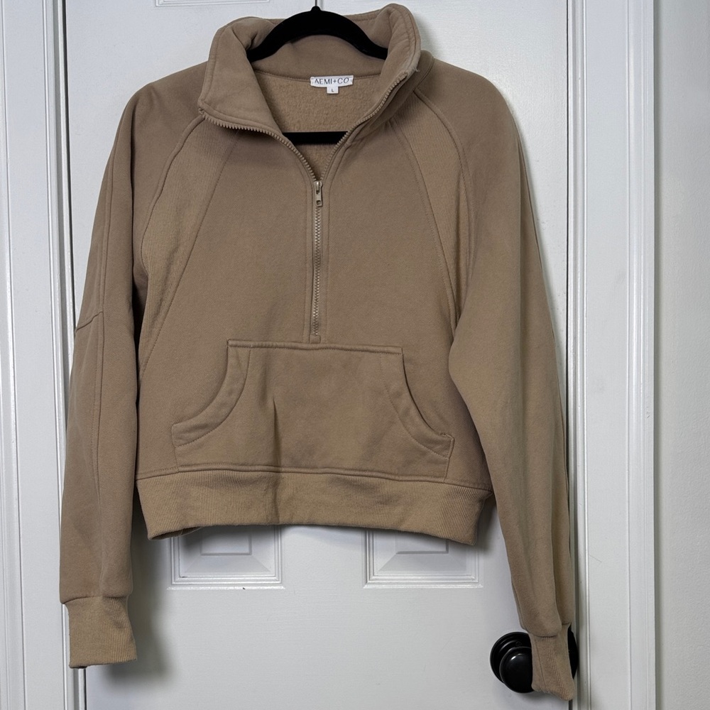 AEMI + CO Cropped Half Zip Pullover Neutral Cozy Kangaroo Pocket Large - Picture 2 of 7